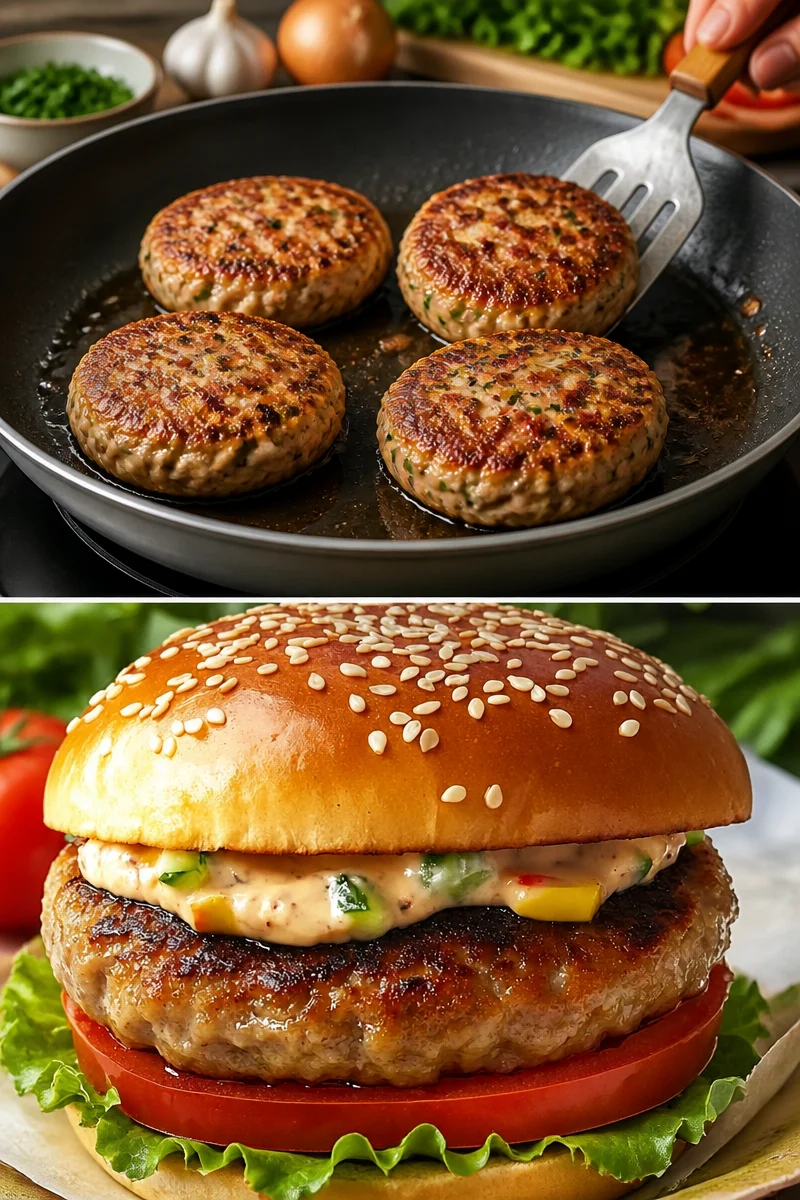 Leckerer Thunfisch-Burger auf einem Grill mit frischen Zutaten