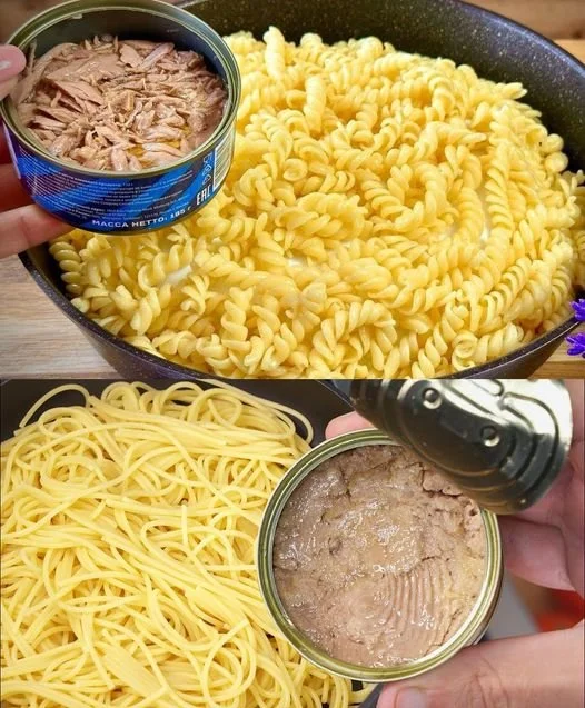 Thunfisch Spaghetti mit Knoblauch auf einem Teller serviert.