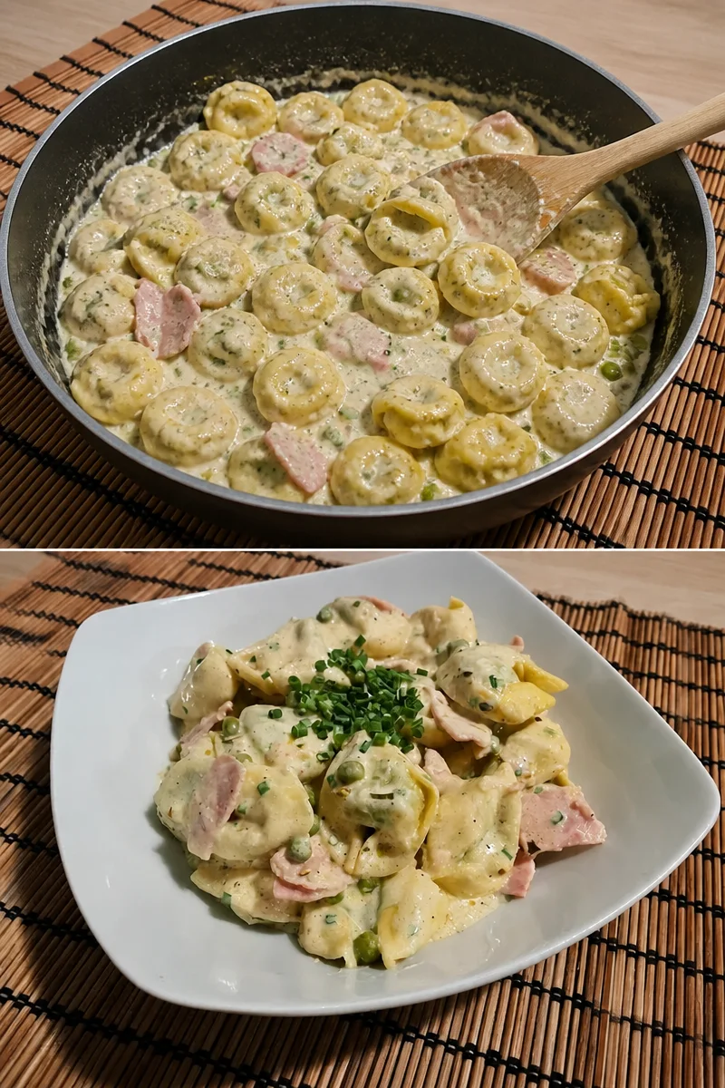 Tortellini mit Schinken-Sahnesauce garniert auf einem Teller