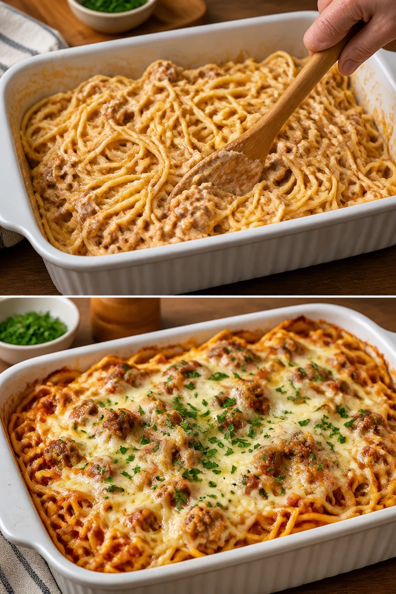 Überbackener Frischkäse-Spaghetti-Auflauf mit Käse überbacken