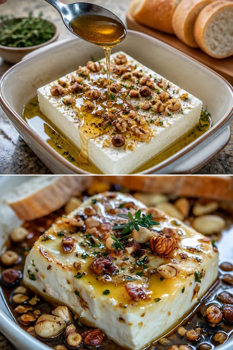 Überbackener Feta mit Honig, Thymian und Nüssen auf einem Teller angerichtet.