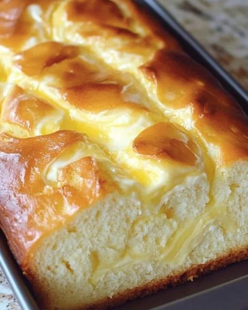Delikates Vanille Quarkbrot frisch gebacken auf einem Holzbrett