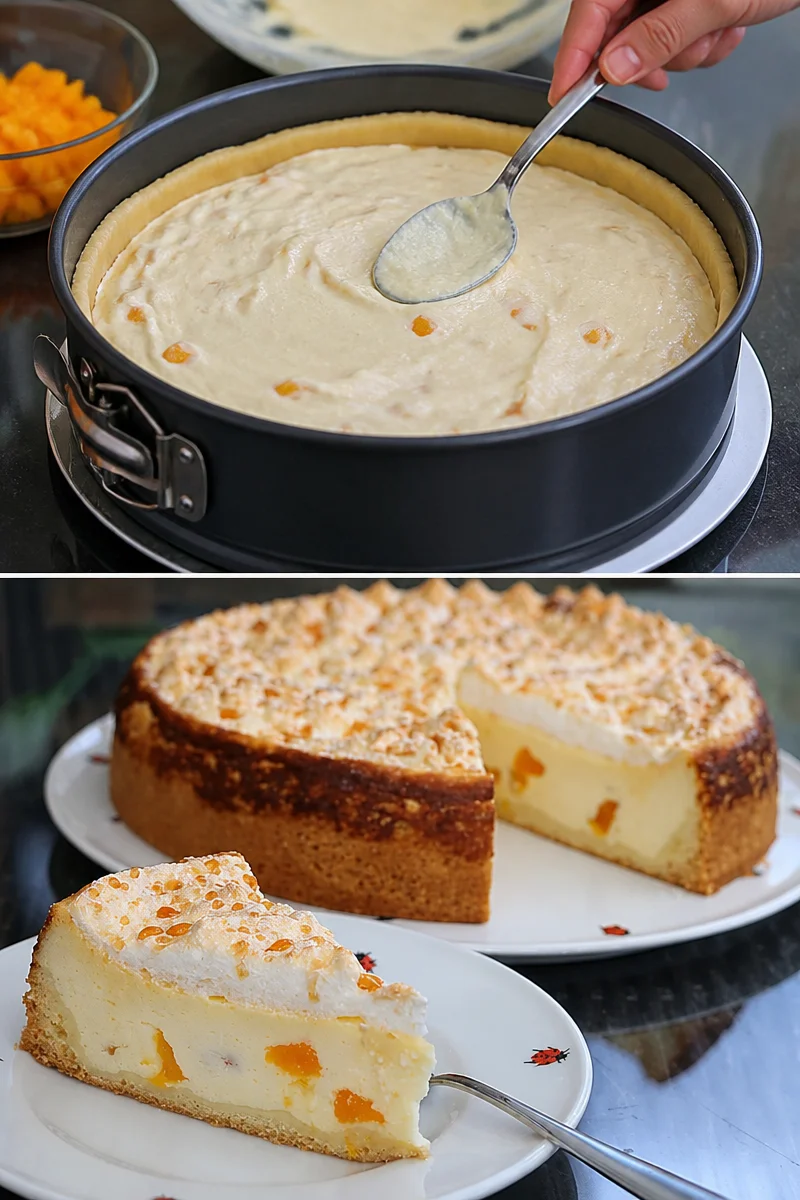 Vanillekäsekuchen mit frischen Pfirsichen auf einem Teller