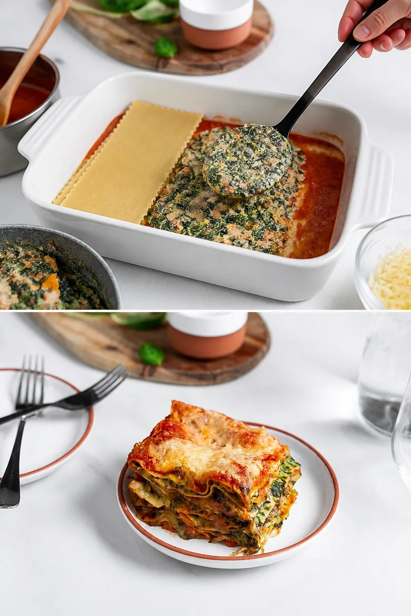 Vegetarische Spinat-Gemüse-Lasagne mit frischem Gemüse und Tomatensoße