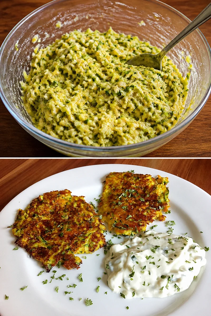 Zucchini-Fritter auf einem Teller, frisch zubereitet und serviert.