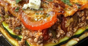 Zucchini-Hack-Auflauf mit Feta in einer Auflaufform