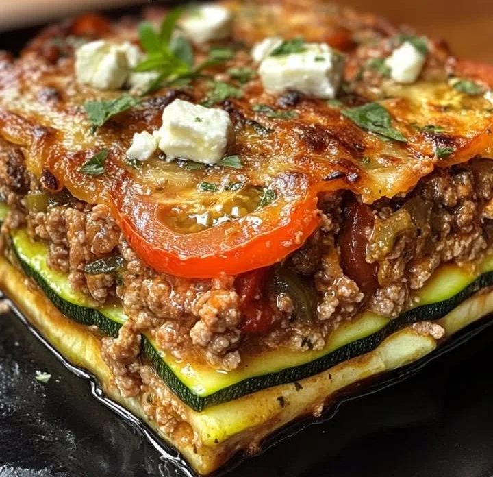 Zucchini-Hack-Auflauf mit Feta in einer Auflaufform