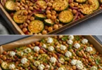 Zucchini-Kichererbsen-Blechgericht mit Feta auf einem Blech im Ofen