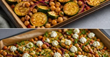 Zucchini-Kichererbsen-Blechgericht mit Feta auf einem Blech im Ofen