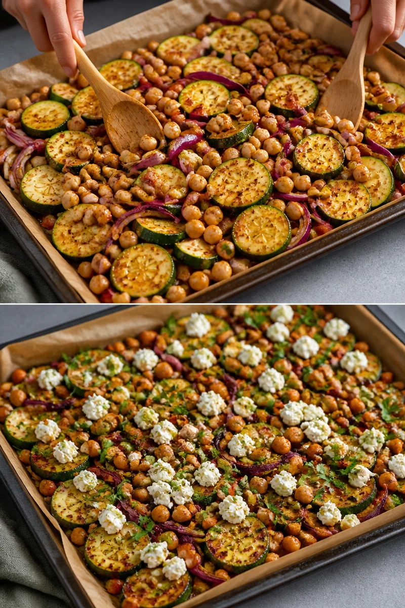 Zucchini-Kichererbsen-Blechgericht mit Feta auf einem Blech im Ofen