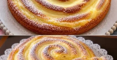 Apfelkuchen mit Vanillepudding auf einem Holzbrett serviert