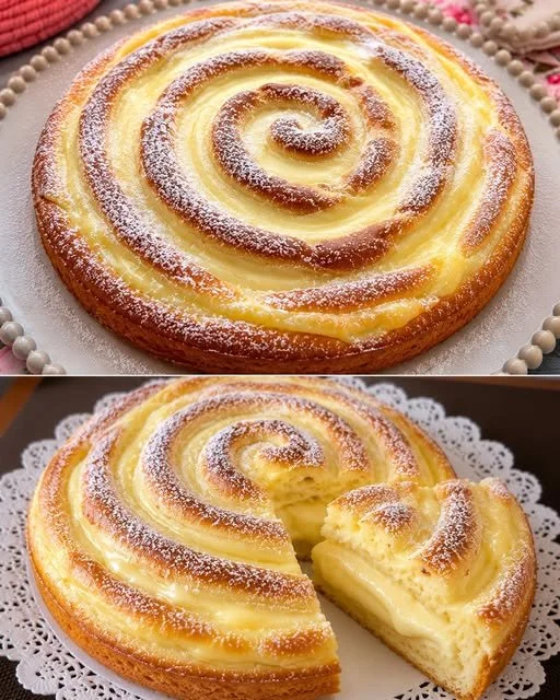 Apfelkuchen mit Vanillepudding auf einem Holzbrett serviert