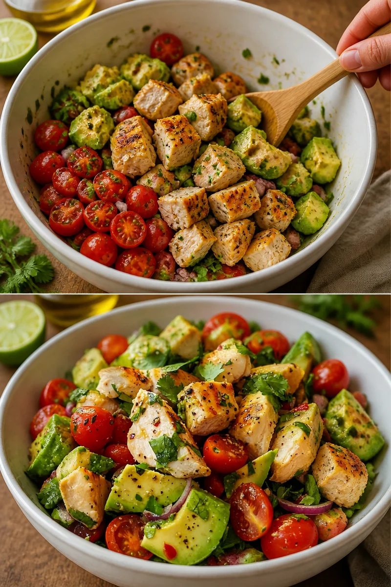 Avocado-Hähnchen-Salat mit frischen Zutaten auf einem Teller