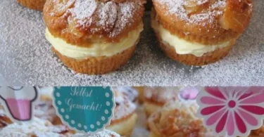 Bienenstich Muffins mit Mandelbuttercreme und Mandeln dekoriert