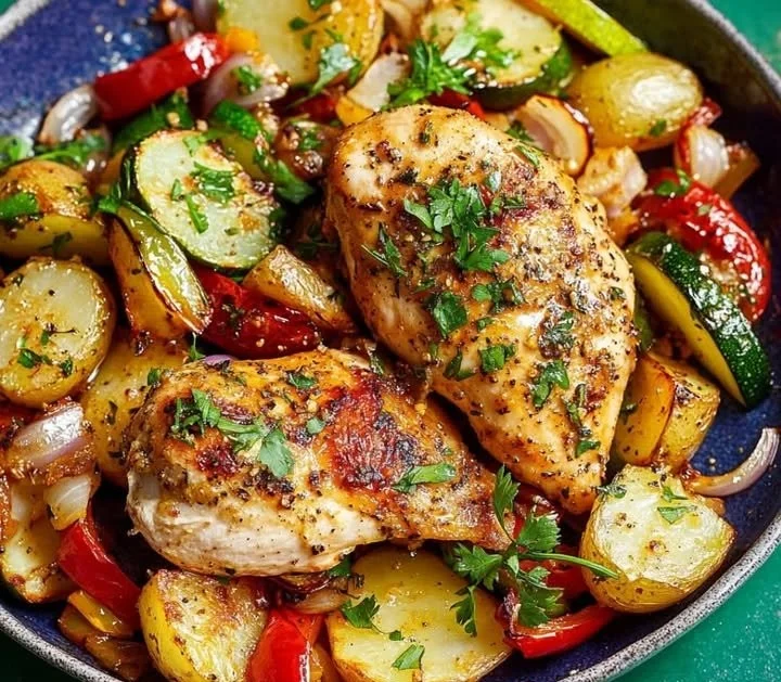 Blatt-Pfanne Hähnchen und Kartoffeln mit viel Gemüse