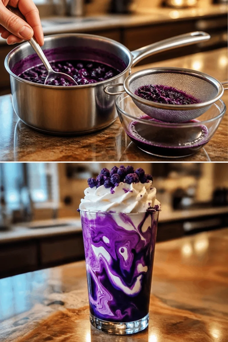 Cremiger Blaubeer Latte in einem eleganten Glas mit frischen Blaubeeren