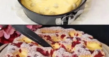 Blitz Kirschkuchen mit Pudding auf einem Teller