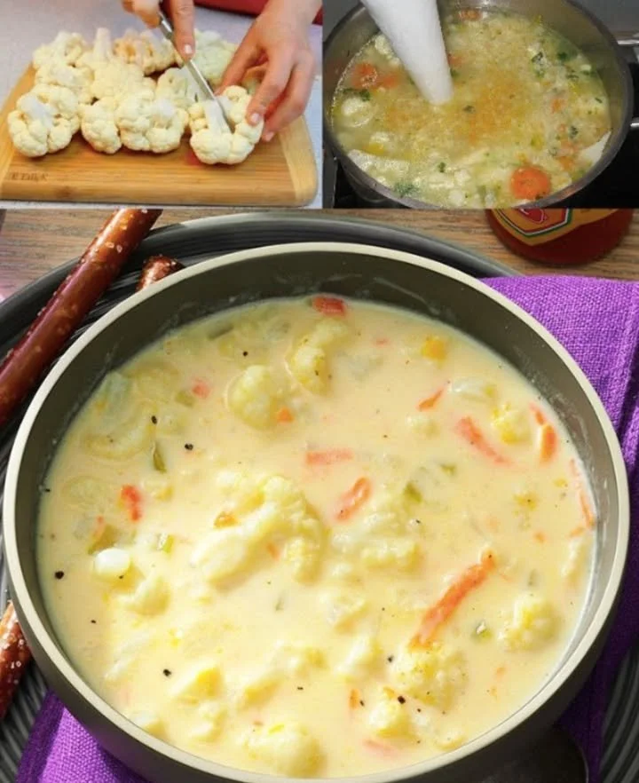 Cremige Blumenkohlsuppe mit frischen Zutaten im weißen Teller serviert.