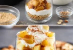 Bratapfel-Dessert im Glas mit Zimt und Nüssen serviert