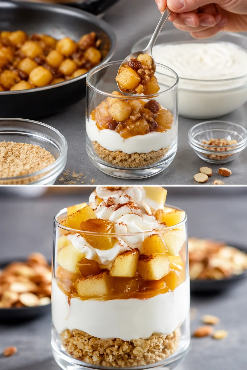 Bratapfel-Dessert im Glas mit Zimt und Nüssen serviert