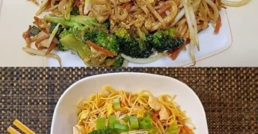 Schale mit Chinesisch gebratenen Nudeln, Hühnchen, Gemüse und Ei