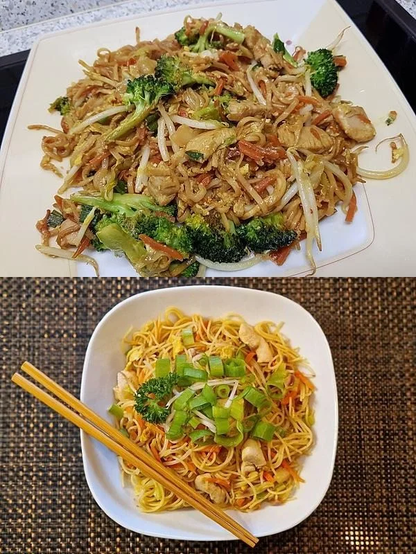 Schale mit Chinesisch gebratenen Nudeln, Hühnchen, Gemüse und Ei