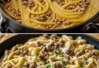 Cremige Knoblauchbutter-Pasta mit Hackfleisch in einem Topf serviert