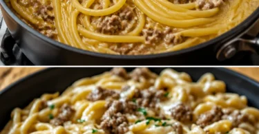 Cremige Knoblauchbutter-Pasta mit Hackfleisch in einem Topf serviert