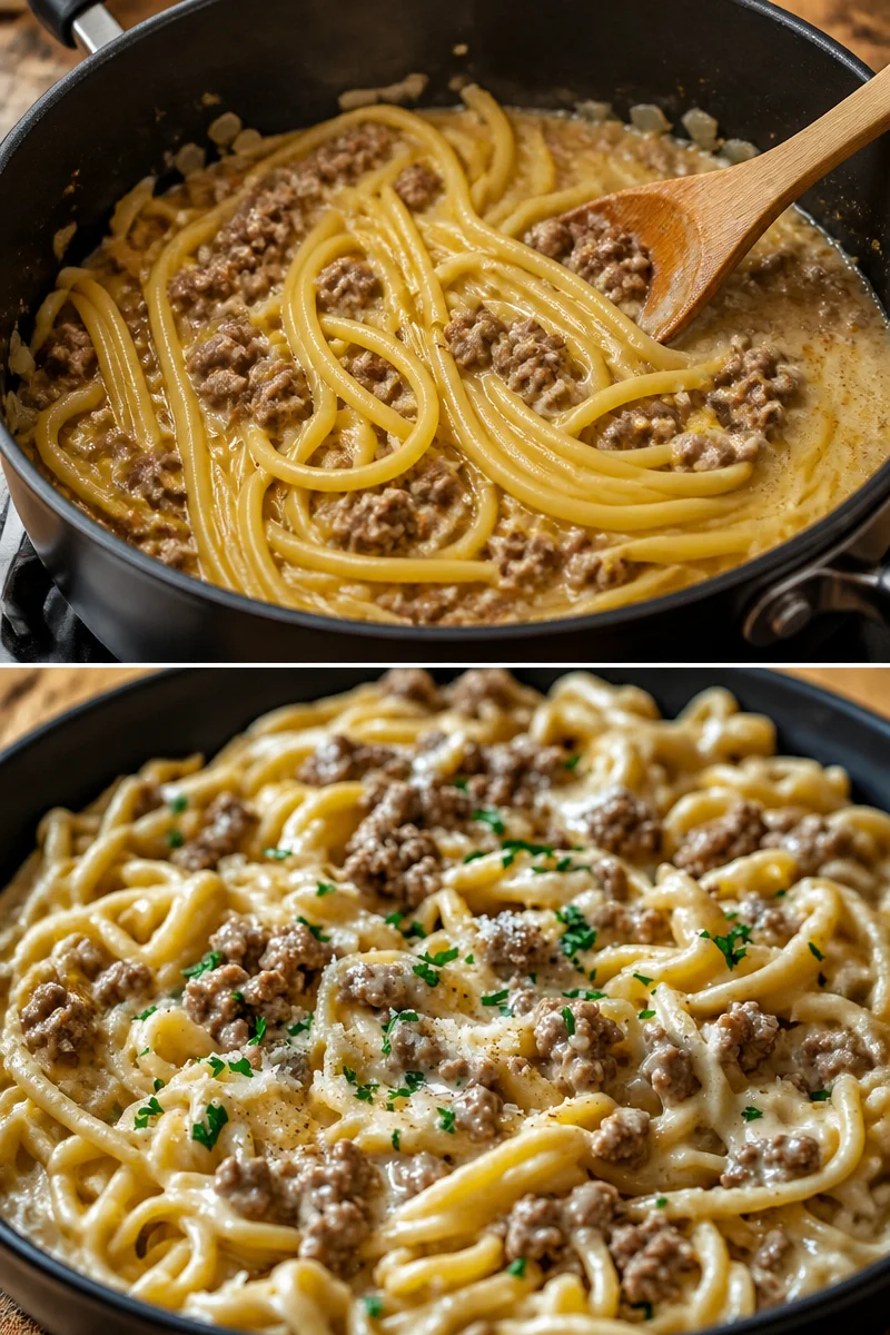 Cremige Knoblauchbutter-Pasta mit Hackfleisch in einem Topf serviert