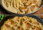 Cremige Spaghetti mit Hähnchen in Knoblauch-Parmesan-Sauce serviert auf einem Teller