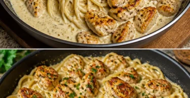 Cremige Spaghetti mit Hähnchen in Knoblauch-Parmesan-Sauce serviert auf einem Teller