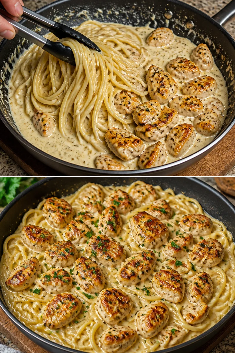 Cremige Spaghetti mit Hähnchen in Knoblauch-Parmesan-Sauce serviert auf einem Teller