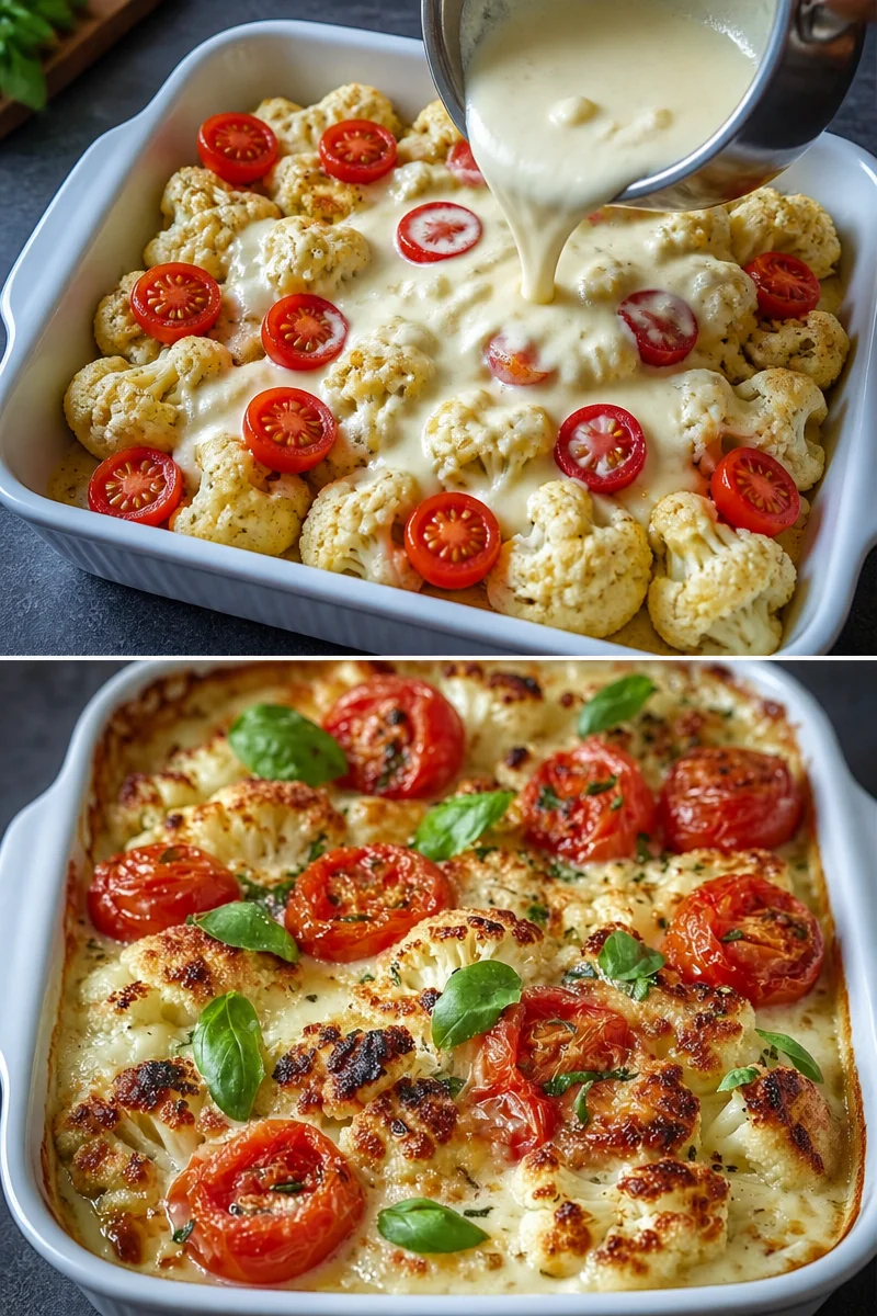 Cremiger gebackener Blumenkohl mit Mozzarella und frischen Tomaten