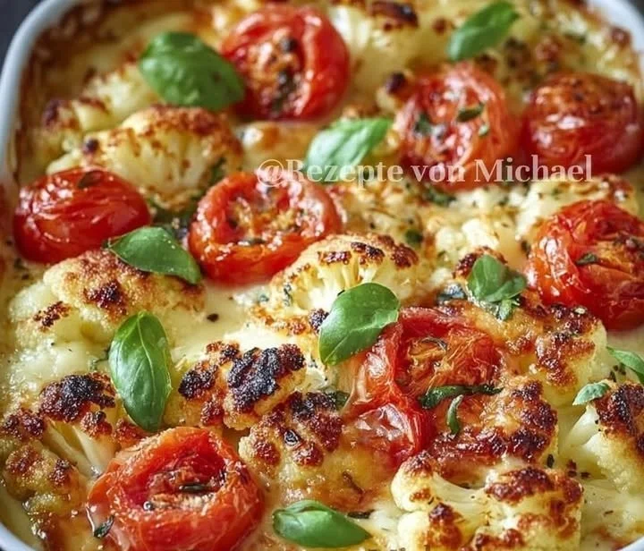 Cremiger gebackener Blumenkohl mit Mozzarella und TomatenZutaten
1 großer Blumenkohl, in Röschen zerteilt
200 g Mozzarella, gewürfelt
400 g Kirschtomaten, halbiert
200 ml Sahne
2 EL Oliv...