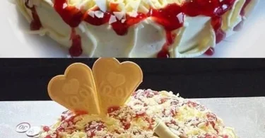 Leckere Erdbeer Spaghettieis Torte mit Sahne und Erdbeerbelag