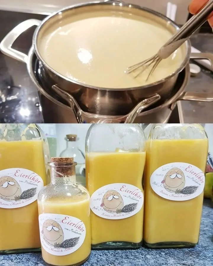 Selbstgemachter fantastischer Eierlikör in eleganter Glasflasche