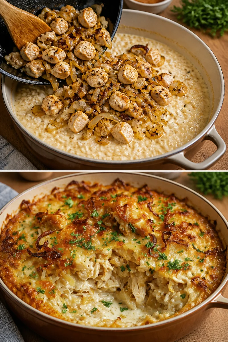 Französischer Zwiebel-Hühnchen-Reis-Auflauf mit Hühnchenbrust und Zwiebeln