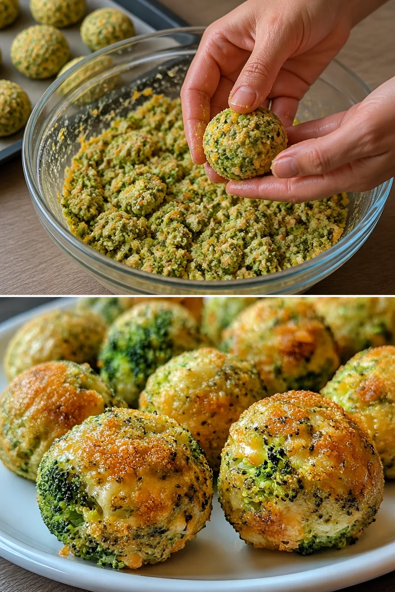 Gebackene Brokkoli-Käse-Bällchen auf einem weißen Teller serviert