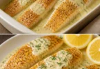 Gebackener Fisch mit Zitronen-Cremesauce auf einem Teller angerichtet