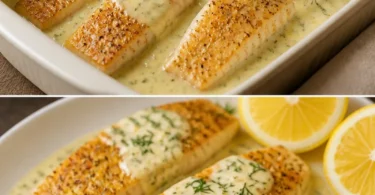 Gebackener Fisch mit Zitronen-Cremesauce auf einem Teller angerichtet