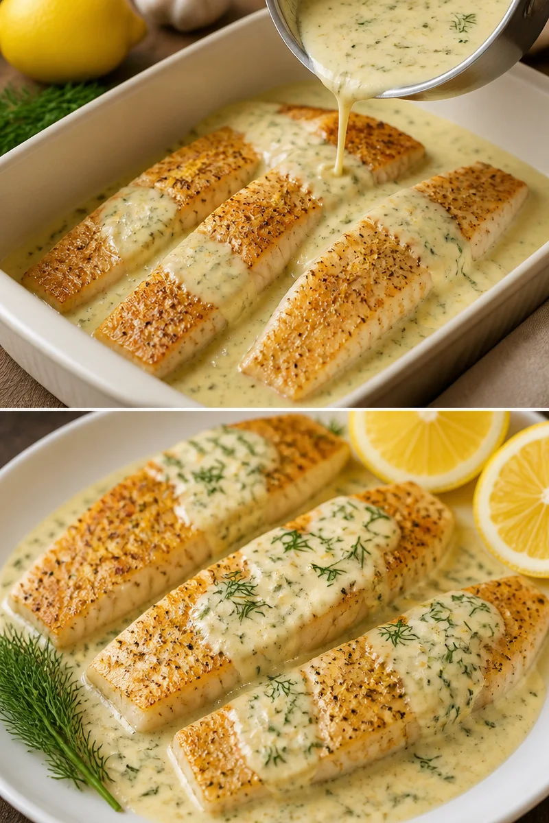 Gebackener Fisch mit Zitronen-Cremesauce auf einem Teller angerichtet