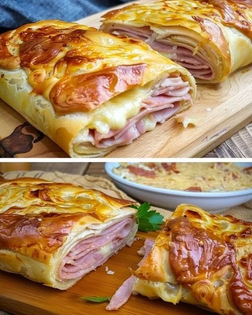 Gefüllter Blätterteigstrudel mit Schinken und Käse in 10 MinutenZutaten
1 Rolle Blätterteig (275 g)
200 g gekochter Schinken
200 g geriebener Käse (Emmentaler oder Gouda)
2 EL Cr...
