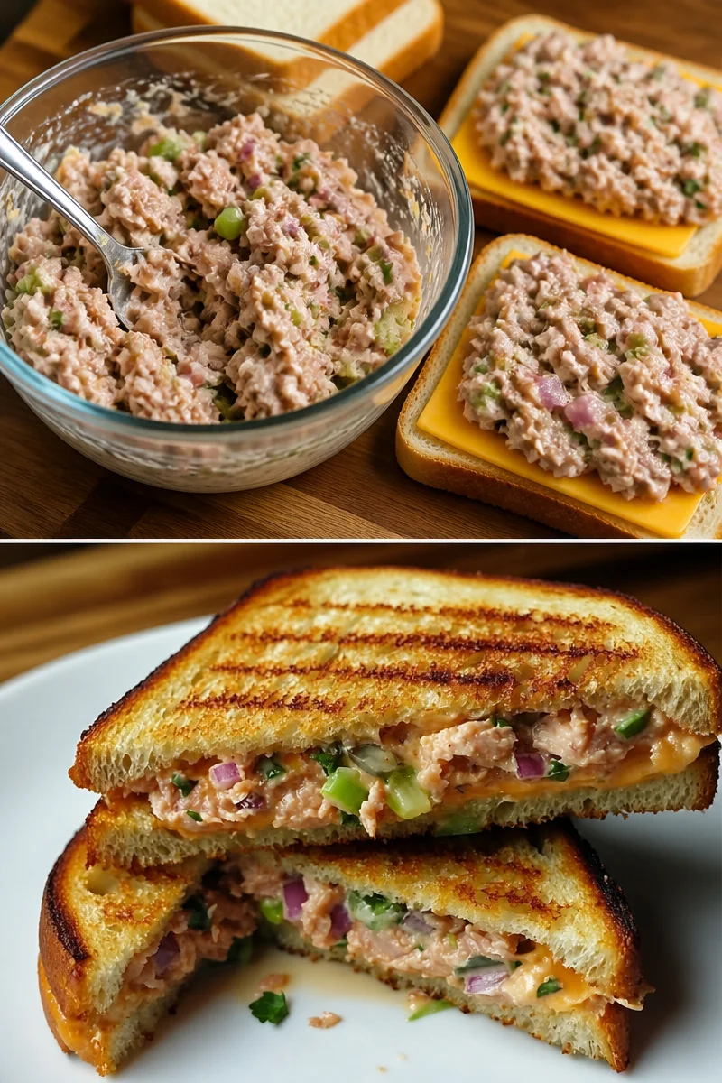 Gegrilltes Thunfisch-Käse-Sandwich auf einem Teller mit frischen Zutaten