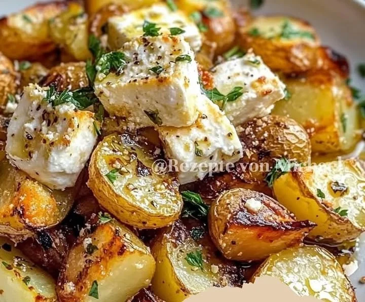 Geröstete Kartoffeln mit gebackenem Feta und Knoblauch