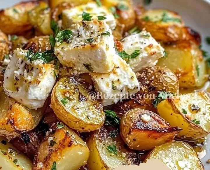 Geröstete Kartoffeln mit gebackenem Feta und Knoblauch