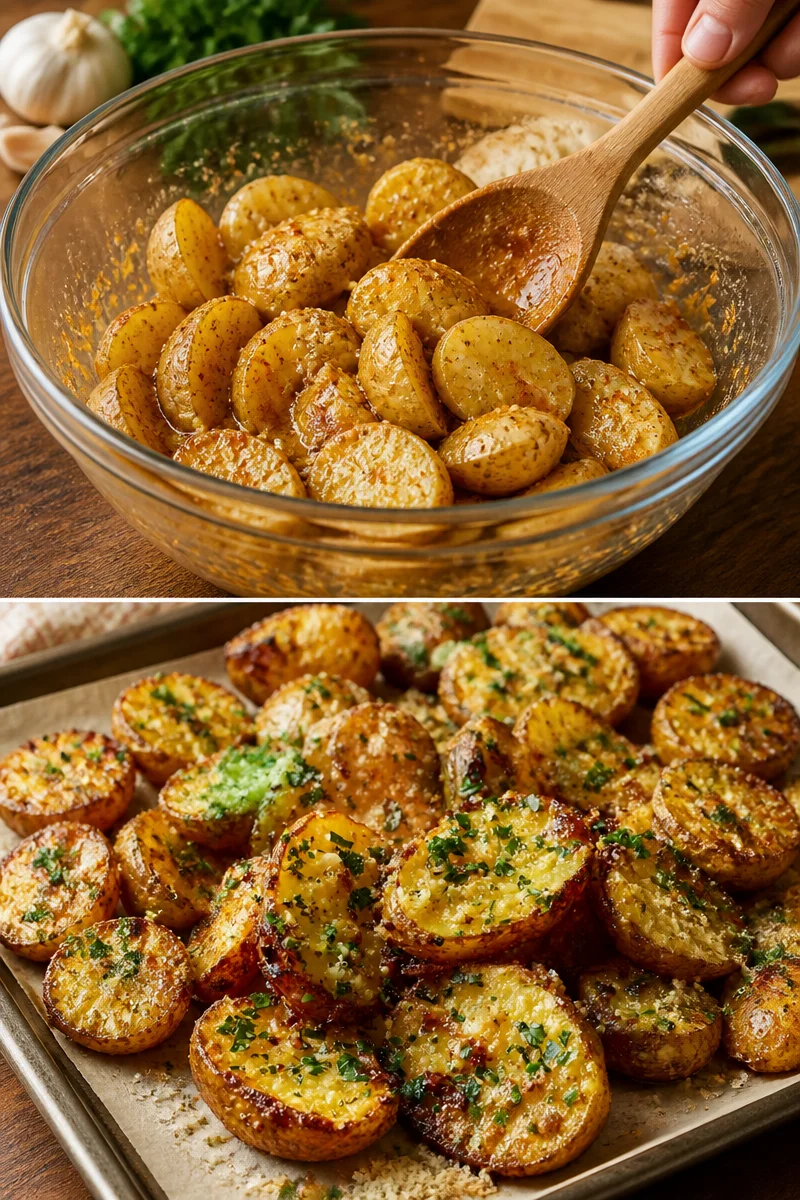 Geröstete Knoblauch-Butter-Parmesan-Kartoffeln auf einem Teller serviert