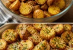 Geröstete Knoblauch-Butter-Parmesan-Kartoffeln auf einem weißen Teller.