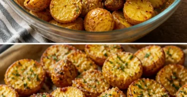 Geröstete Knoblauch-Butter-Parmesan-Kartoffeln auf einem weißen Teller.