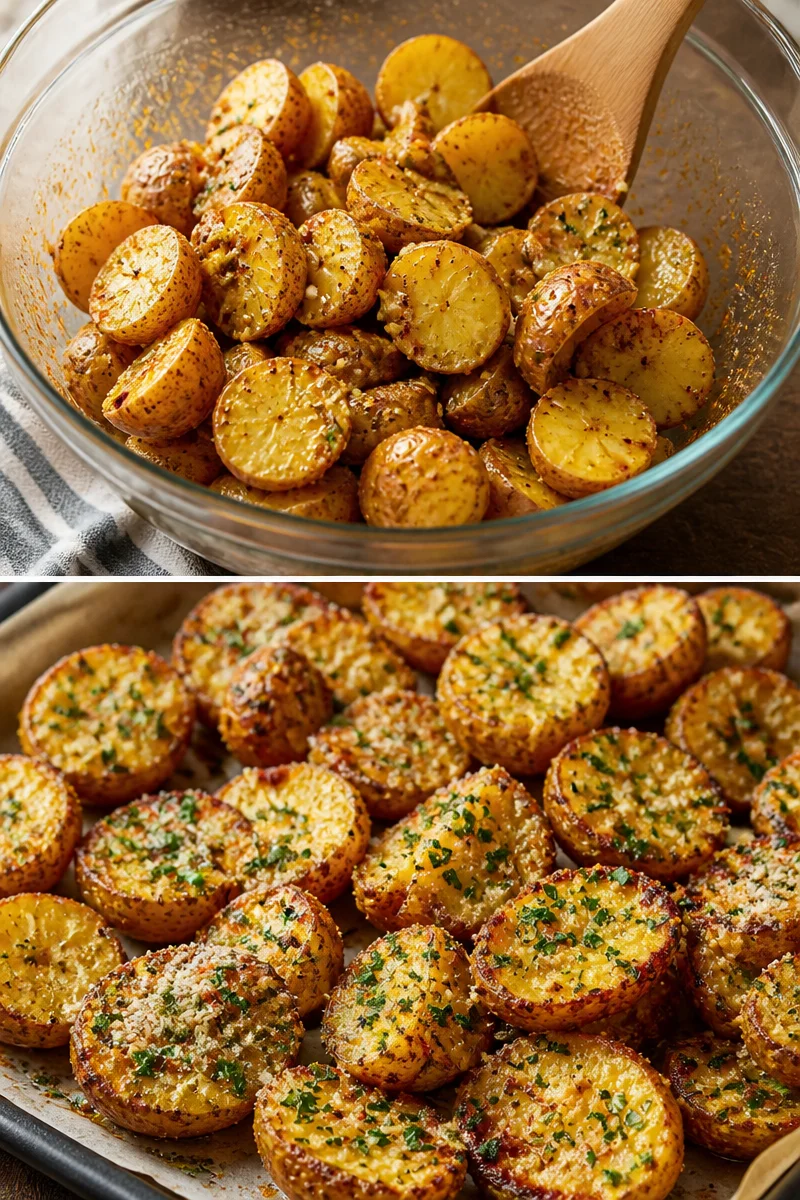 Geröstete Knoblauch-Butter-Parmesan-Kartoffeln auf einem weißen Teller.