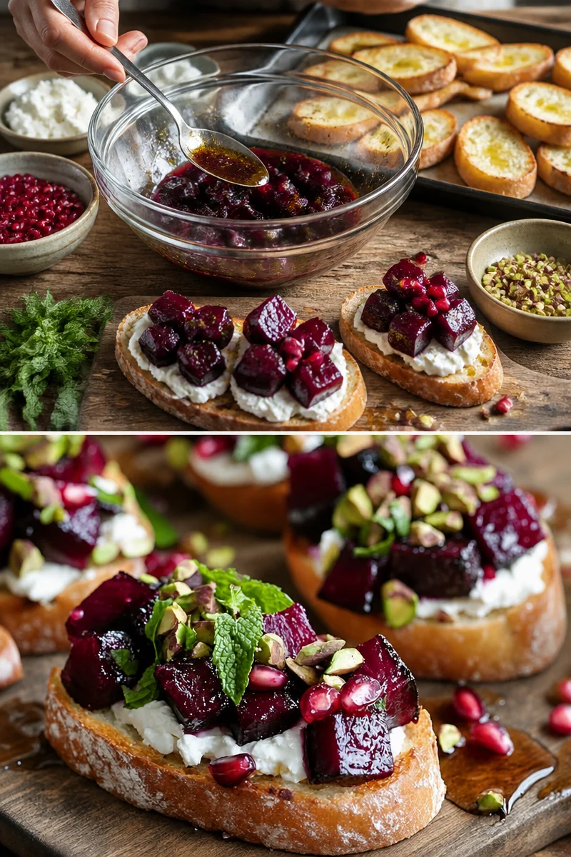 Geröstete Rote-Bete-Granatapfel-Crostini auf einem Holzbrett serviert.